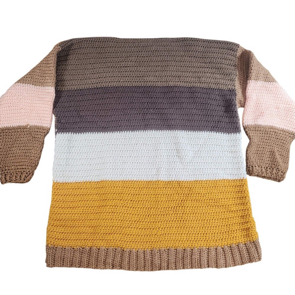 Hand Crochet Multicolor Brown Stripe Crochet Oversized Sweater Women Size L